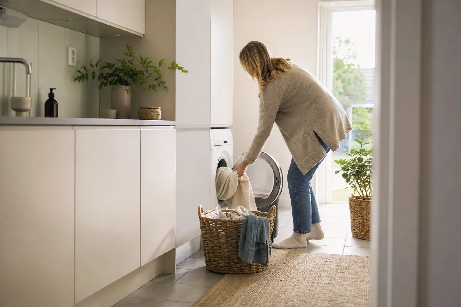 Energietiketter med A–G-skalan för olika vitvaror i ett svenskt kök