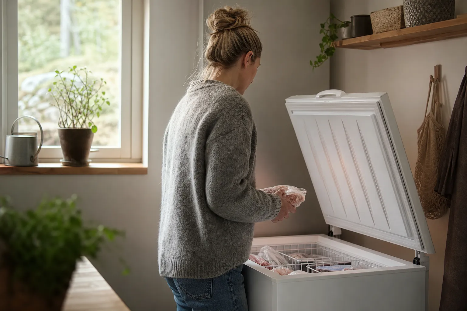 Frysskåp och frysbox sida vid sida i ett förråd