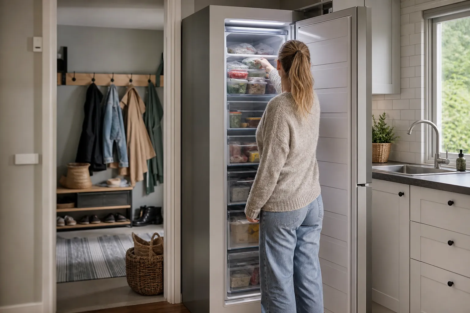 Måttband som mäter upp plats för ett frysskåp i köket