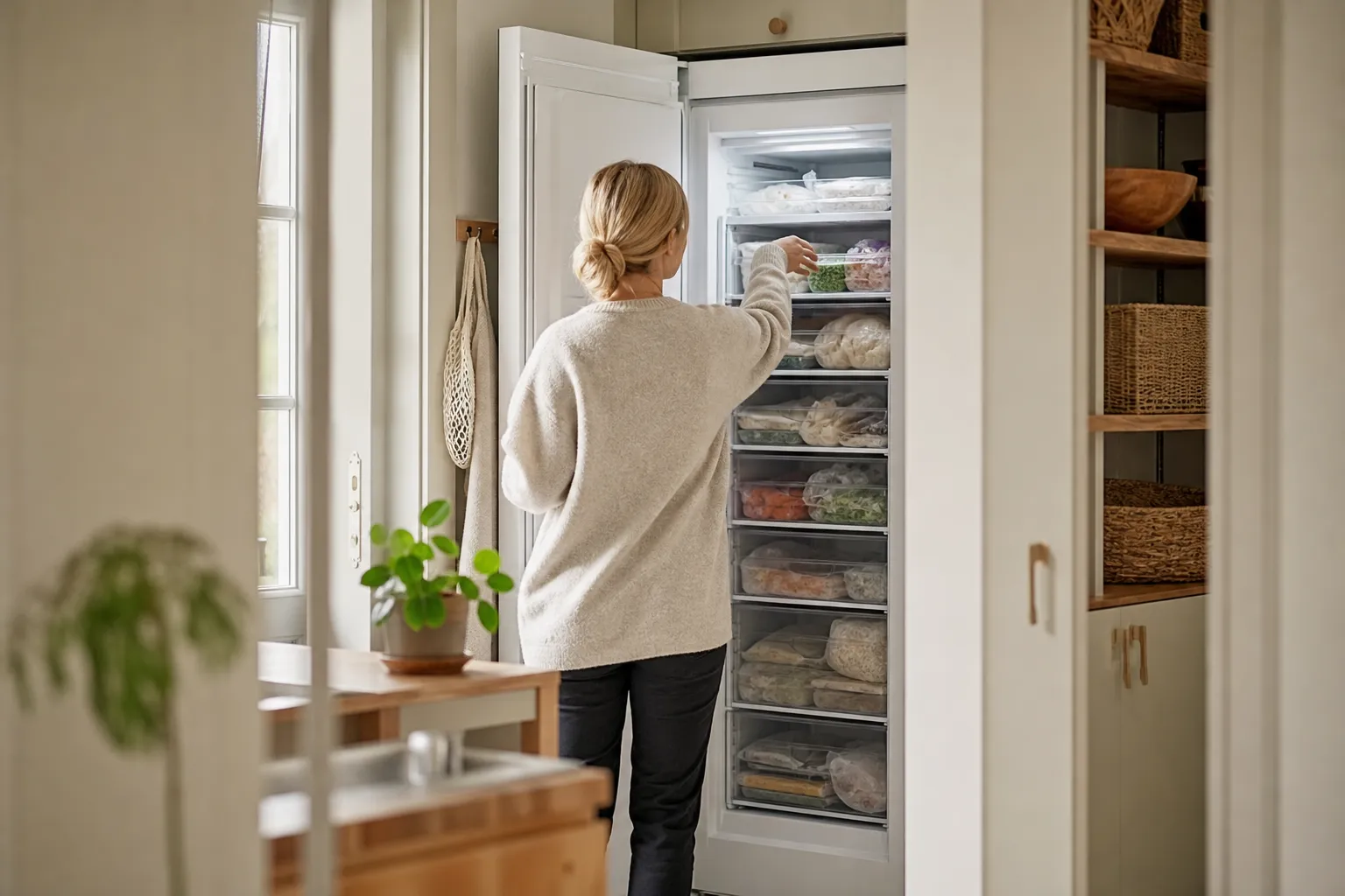 Person mäter upp plats för en ny frys i köket