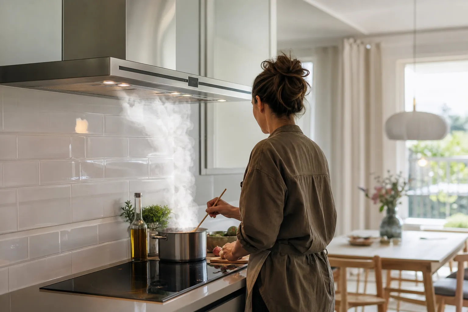 Köksfläkt i drift ovanför en häll