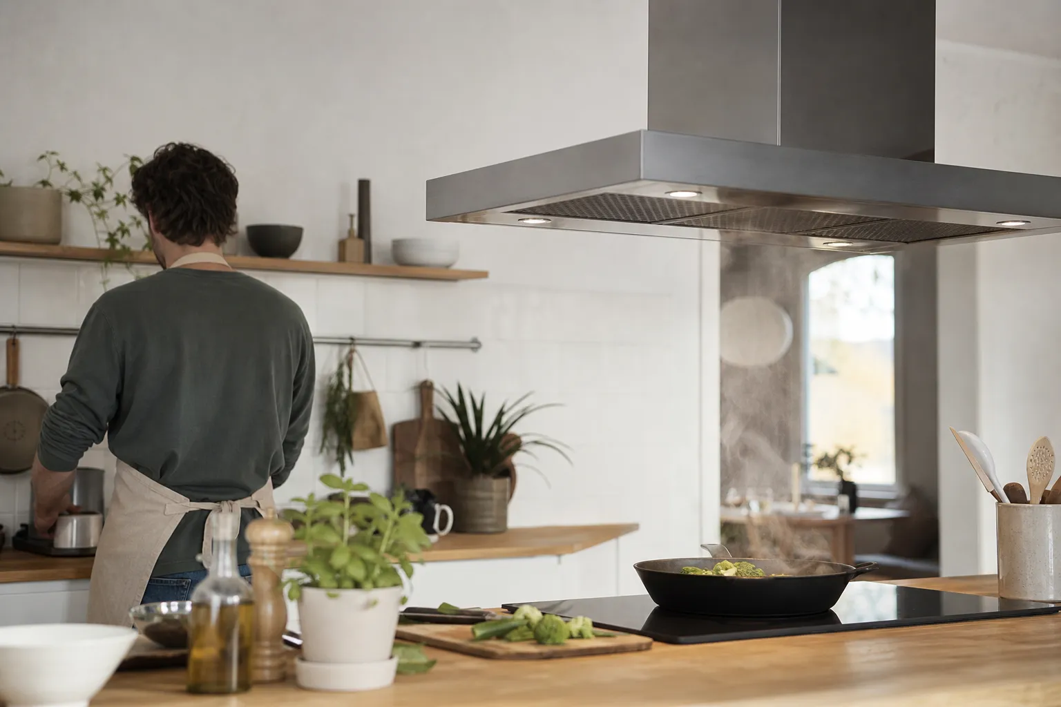 Kolfilterfläkt monterad i ett kök utan ventilationskanal