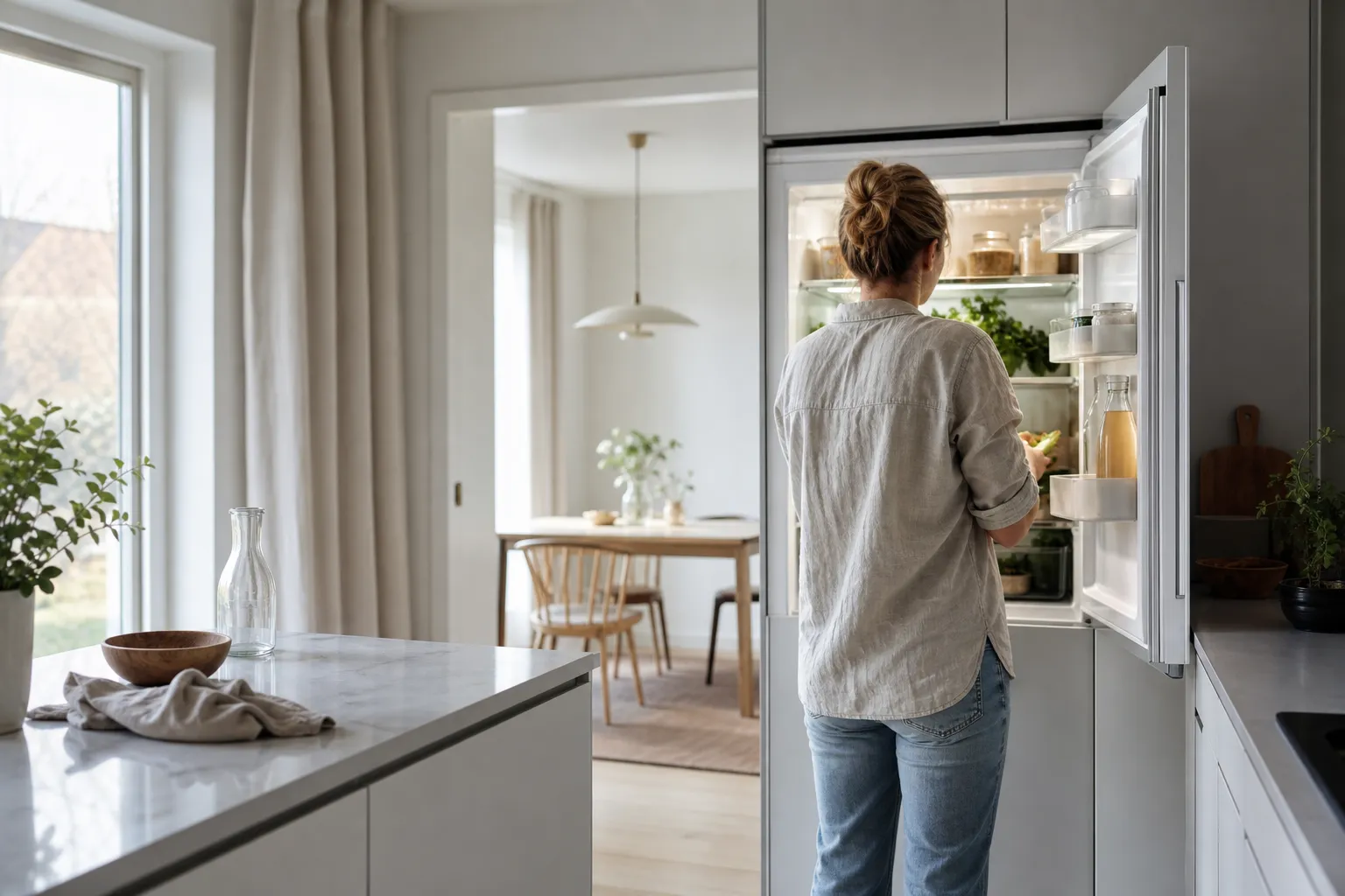 Kombinerad kyl och frys i ett skandinaviskt kök
