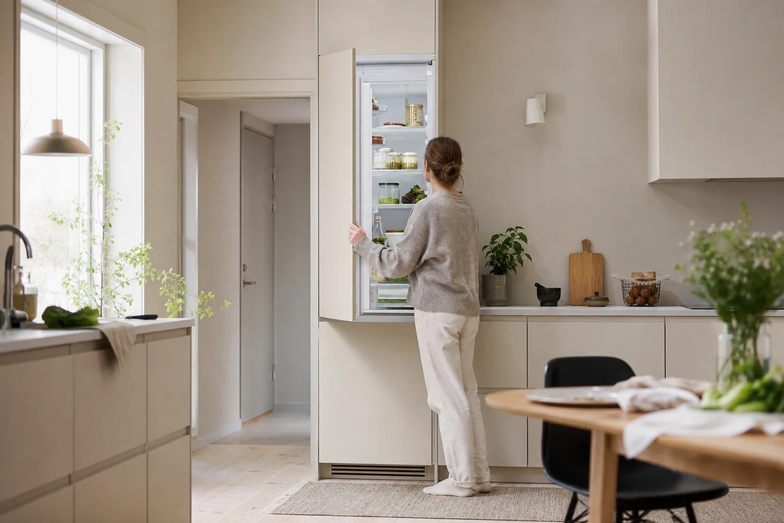Integrerat kylskåp dolt bakom köksluckor i ett ljust kök