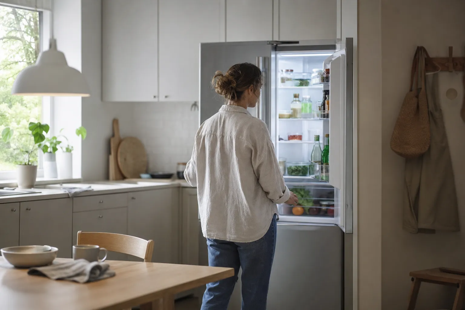 Energimärkning med A till G-skala bredvid ett kylskåp