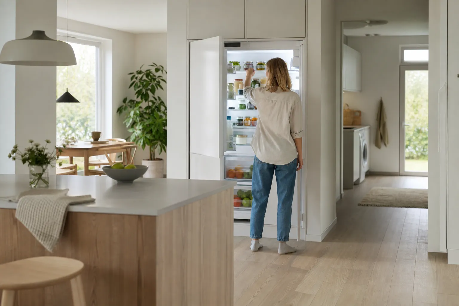 Tyst kylskåp i ett öppet kök nära vardagsrummet