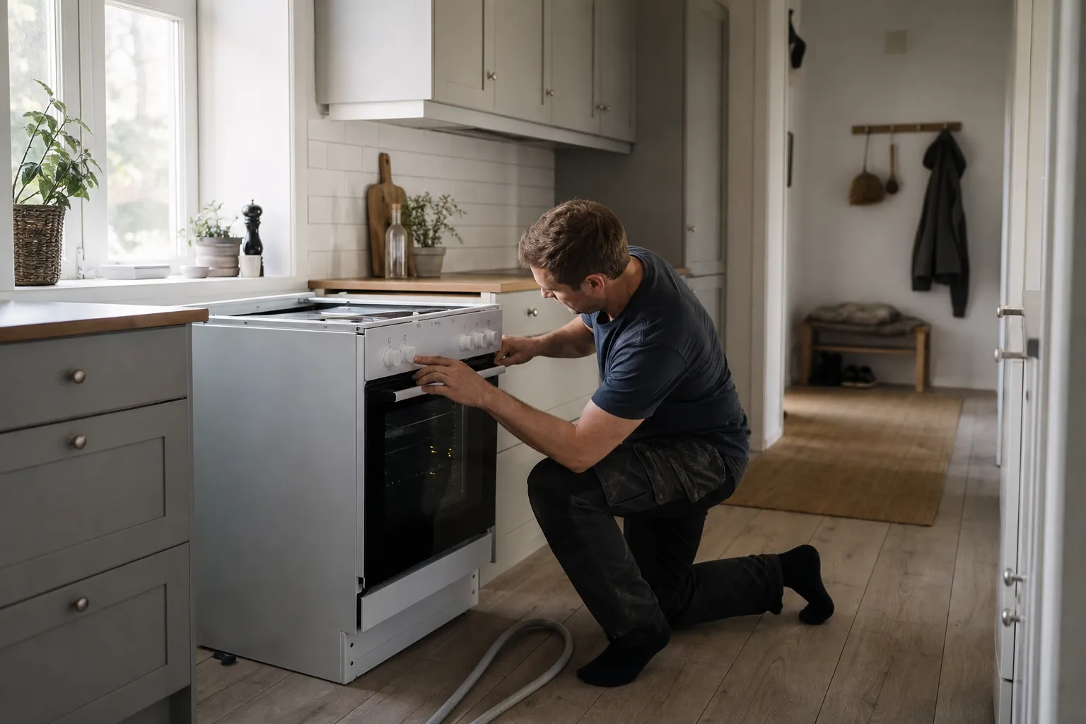Elektriker kontrollerar anslutningen bakom en spis