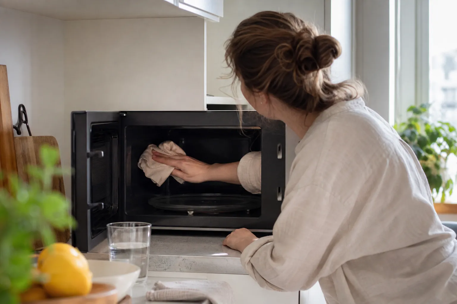Rengöring av mikrovågsugn med trasa och citron