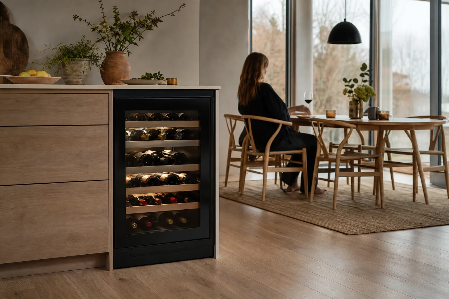 Vinkyl med två temperaturzoner i ett kök